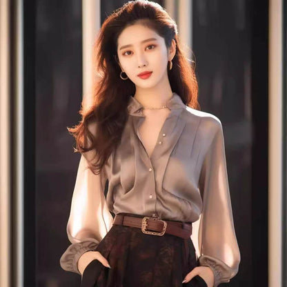 Chic And Beautiful Small Top Gray Blouse Shirt for Women - www.Shopthatapp.com