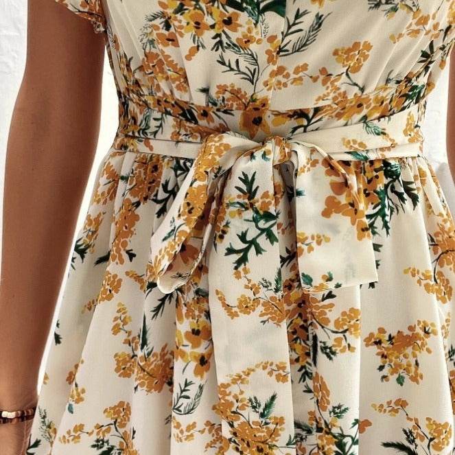 Women Bohemian Spring Short sleeve Casual flowy V-neck Tie belt Floral Summer Midi Dress - www.Shopthatapp.com