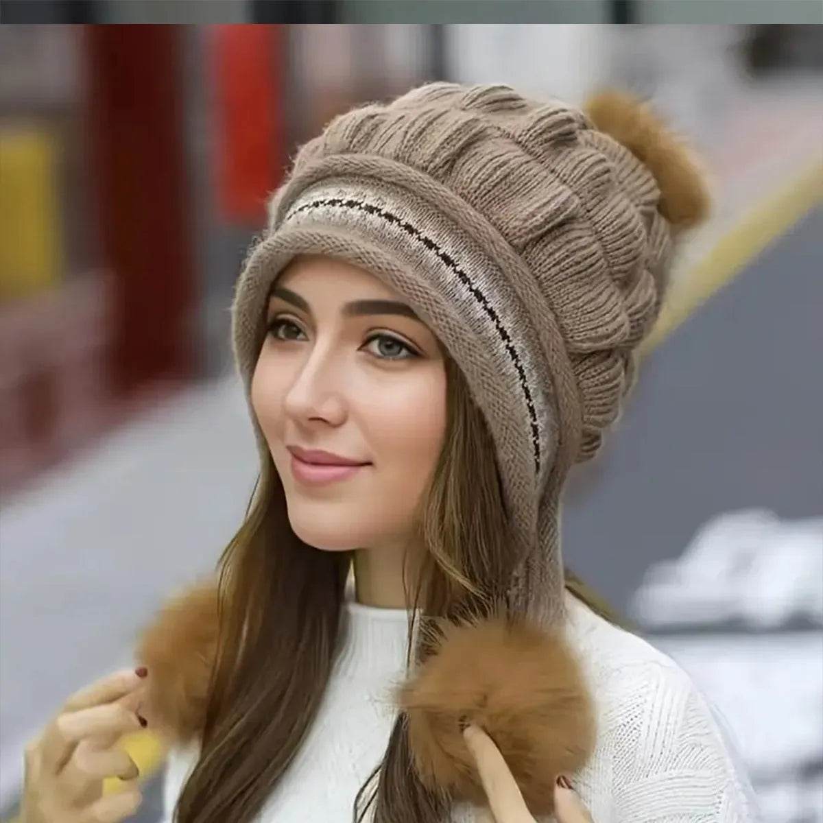 Women Cozy Knit Fleece-Feel Beanie With Ear Flaps Winter Hat Perfect For Skiing & Outdoor Activities - www.Shopthatapp.com