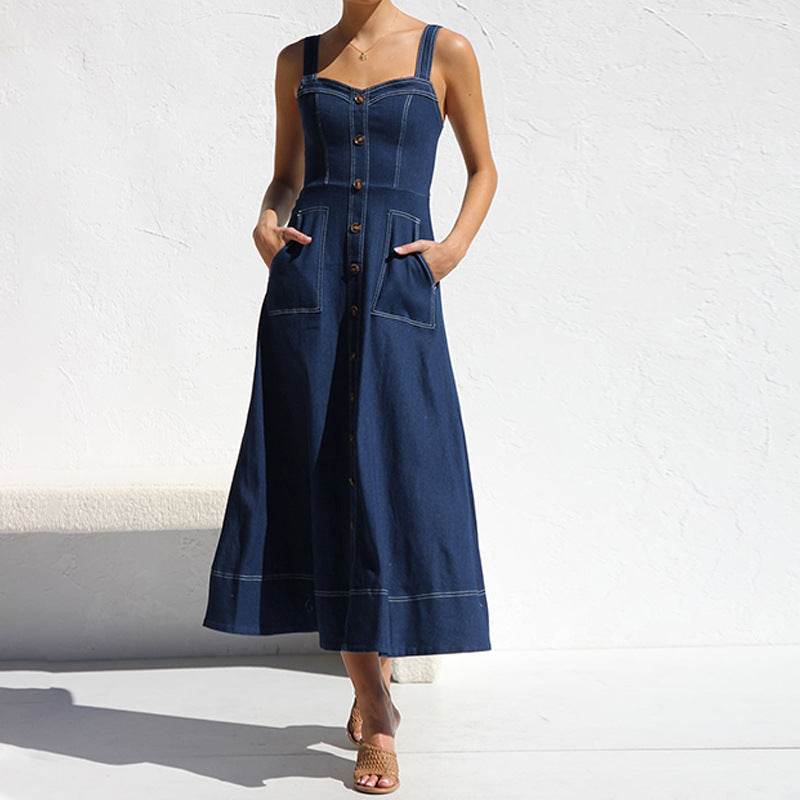 Women Sleeveless Sling Distressed Casual Style Button Denim Long Dress - www.Shopthatapp.com