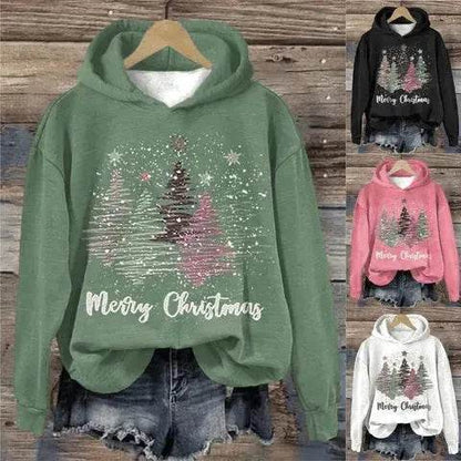 Round Neck Hooded Long Sleeve Four Christmas Trees Loose Hoodie Sweatshirt - www.Shopthatapp.com