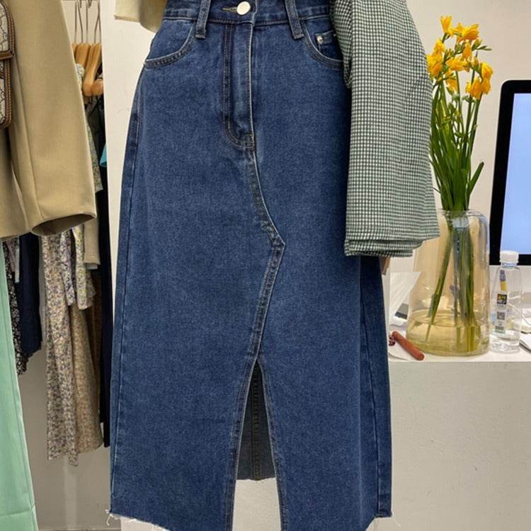 Casual Front Slit Dark Blue and Light Blue Denim Midi Skirt for women - www.Shopthatapp.com