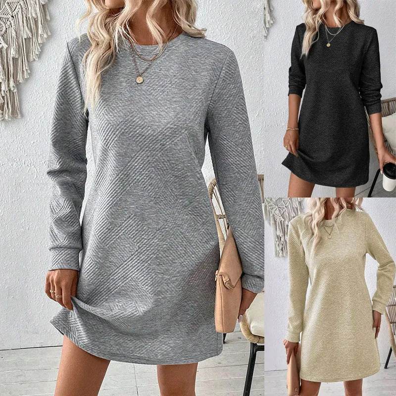 Casual Fashion Plain Round neck Long Sleeve Cashmere Mini Jumper Dress - www.Shopthatapp.com