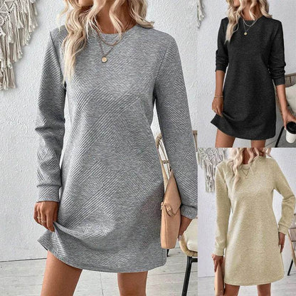 Casual Fashion Plain Round neck Long Sleeve Cashmere Mini Jumper Dress - www.Shopthatapp.com