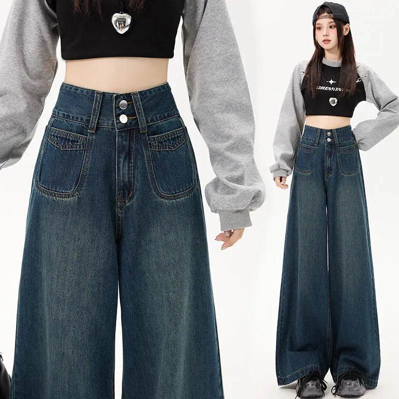 New Simple High Waist Casual Straight-leg Baggy Jeans Pant For Women - www.Shopthatapp.com