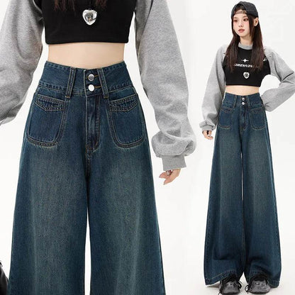 New Simple High Waist Casual Straight-leg Baggy Jeans Pant For Women - www.Shopthatapp.com