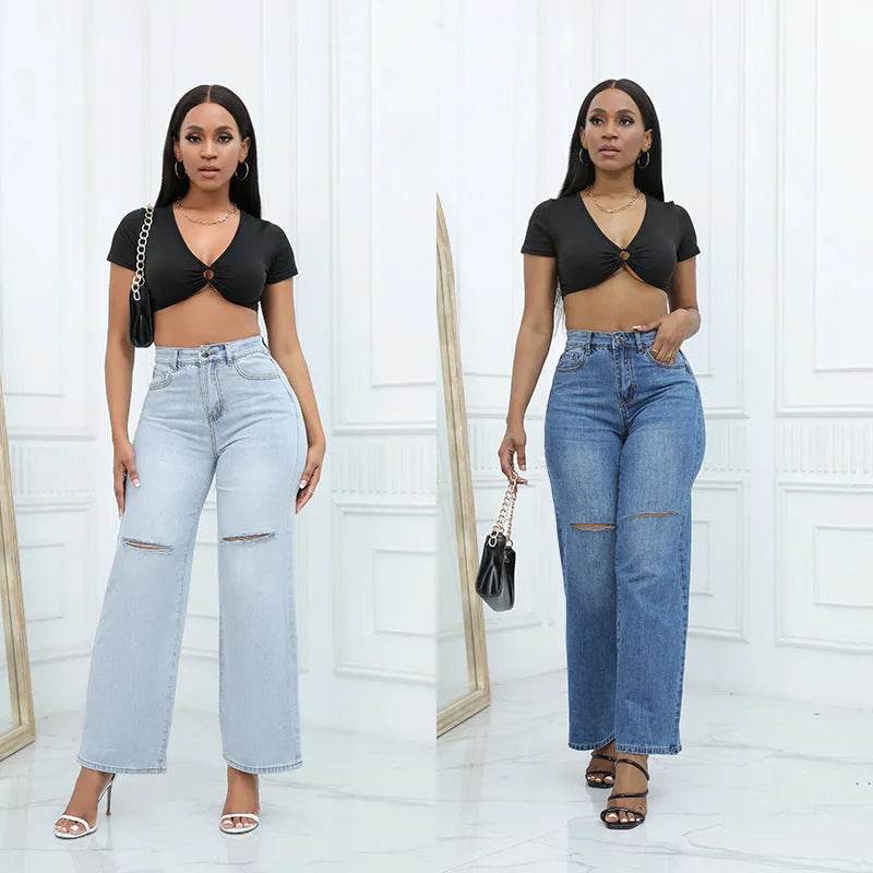 Elegant Ripped Wide-leg Baggy Jeans Pant Women - www.Shopthatapp.com