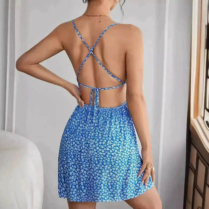 Women Fashion Printed Casual Spaghetti Strap Backless Mini Skater Dress - www.Shopthatapp.com