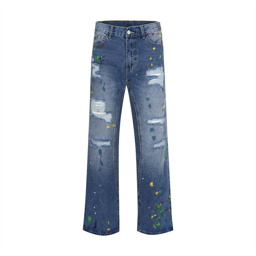 Ripped Paint Wide-leg Denim Trousers For Men Jeans - www.Shopthatapp.com