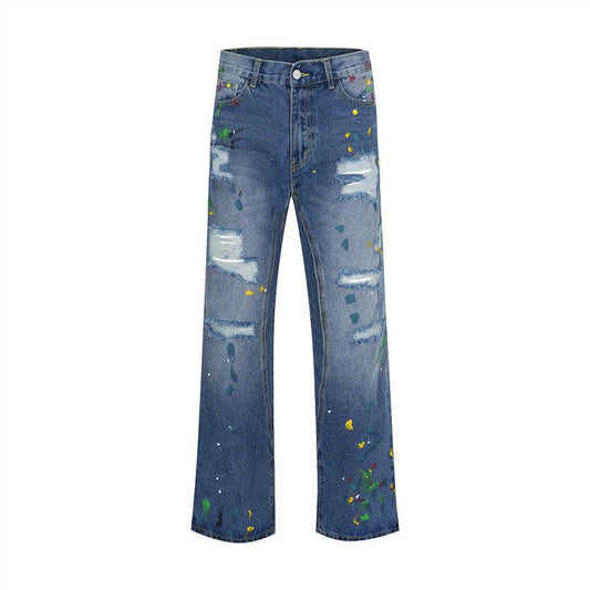 Ripped Paint Wide-leg Denim Trousers For Men Jeans - www.Shopthatapp.com