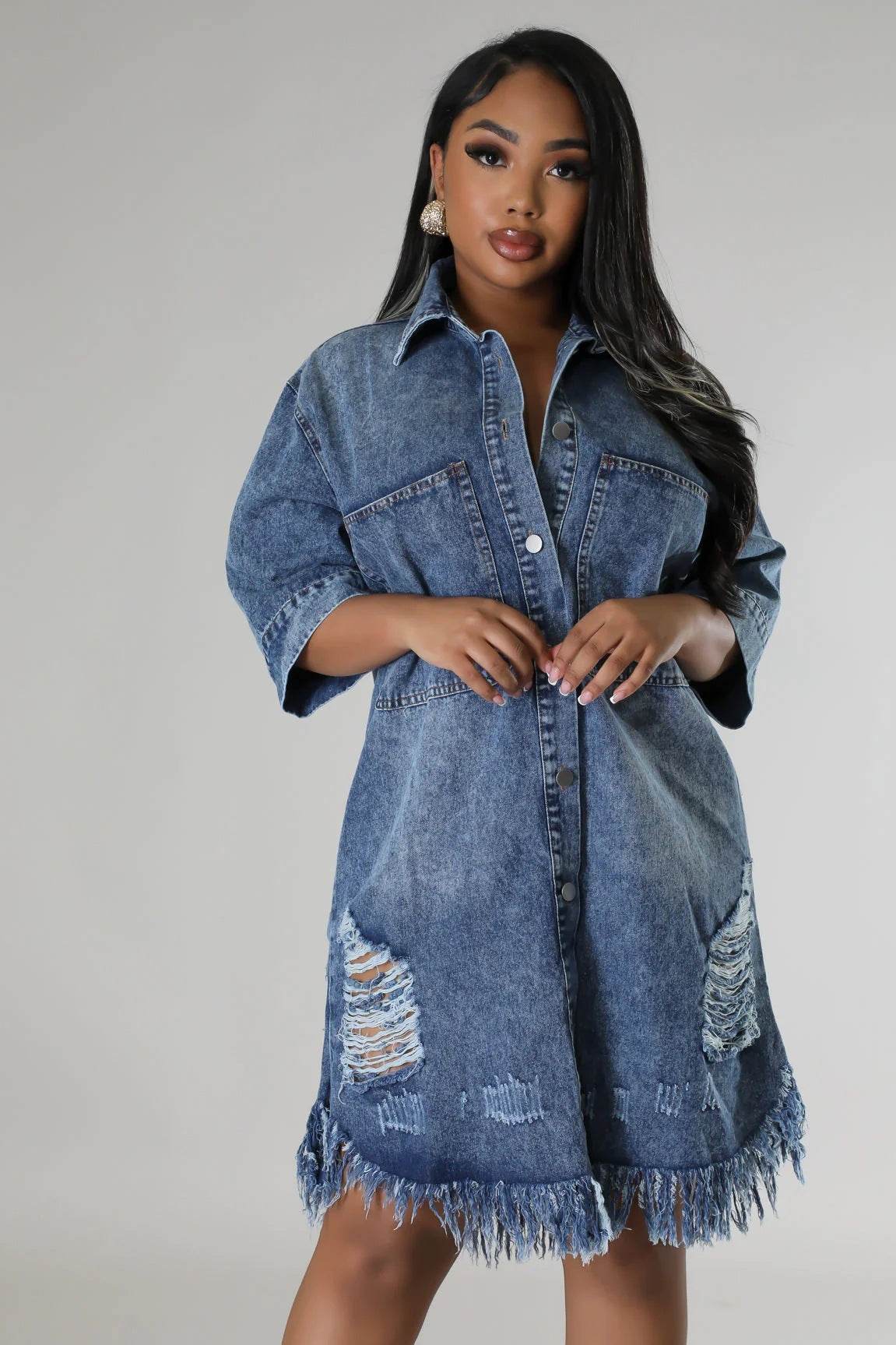 Women's Fashion 3/4 sleeve Mid Length loose Denim Jeans Dress - www.Shopthatapp.com