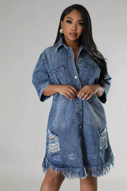 Women's Fashion 3/4 sleeve Mid Length loose Denim Jeans Dress - www.Shopthatapp.com