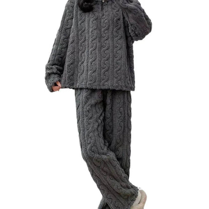 Autumn And Winter New Twist Zipper Couple Fleece-lined Thick Coral Fleece Pajamas Homewear Loungewear Sleepwear For Sleeping - www.Shopthatapp.com