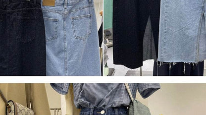 Casual Front Slit Dark Blue and Light Blue Denim Midi Skirt for women - www.Shopthatapp.com