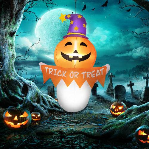 Outsunny 3.4ft Halloween Inflatables Window Sticker Ghost With Orange Face, Blow Up Halloween Decorations Outdoor LED Yard Display, Waterproof - www.Shopthatapp.com