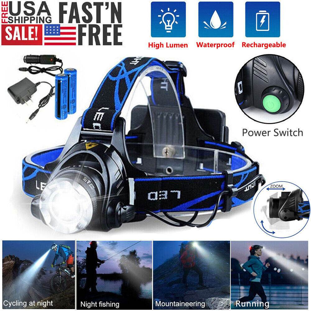 LED Headlamp Rechargeable Head Torch Zoom Headlight Lamp Super Bright Flashlight 3 Modes Light With 2 Li-ion Batteries 2 Charger