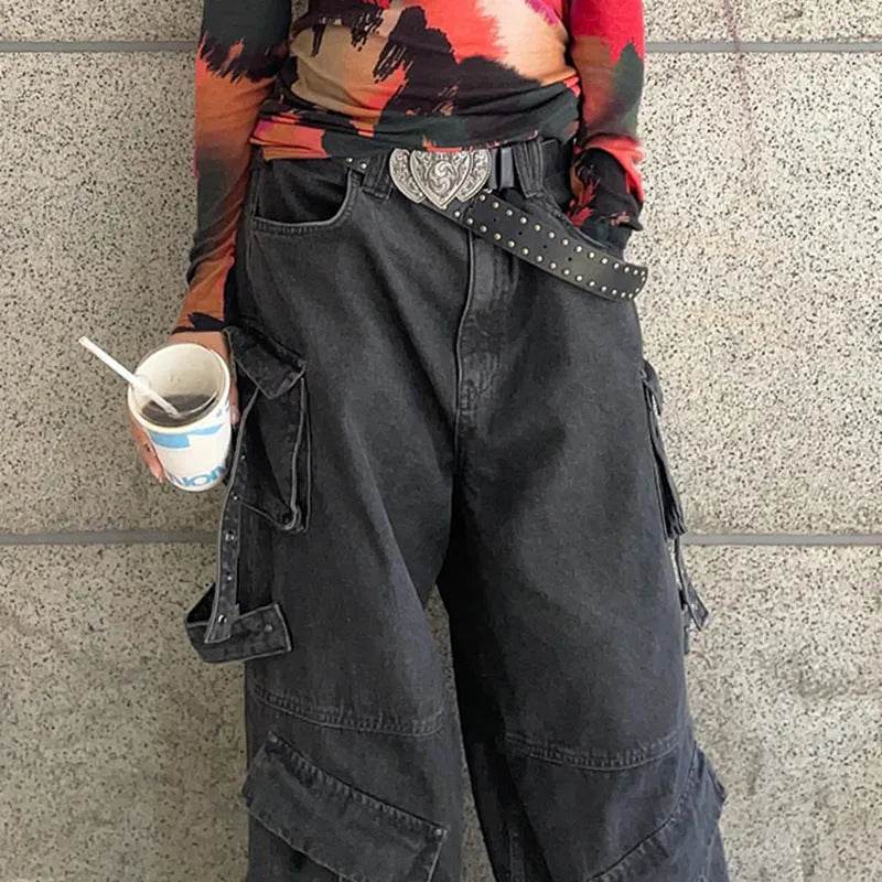 Ribbon Multi-pocket Workwear Baggy Jeans Pant For Women - www.Shopthatapp.com