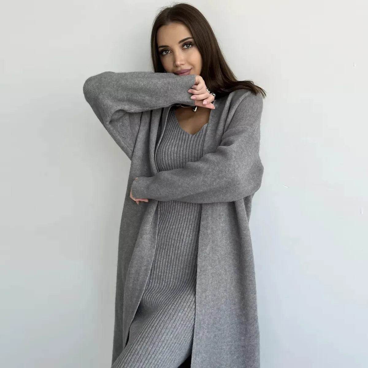 Women 2pcs Winter outfit set  Long dress Cashmere Long Cardigan Jacket - www.Shopthatapp.com