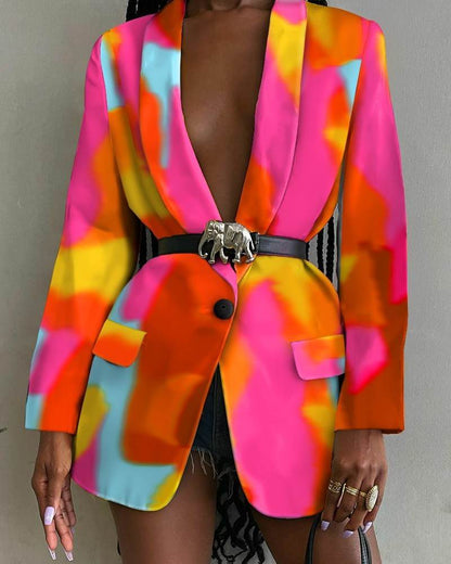 Fashion Printed Shawl Collar Single-breasted Belt Vintage Blazer Women - www.Shopthatapp.com