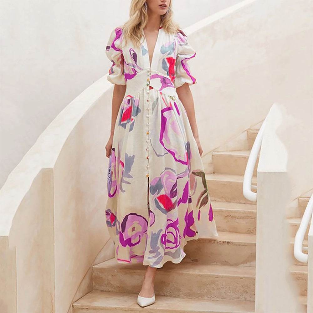 Summer Print Dresses V-neck Button Short Sleeve Midi Dress - www.Shopthatapp.com
