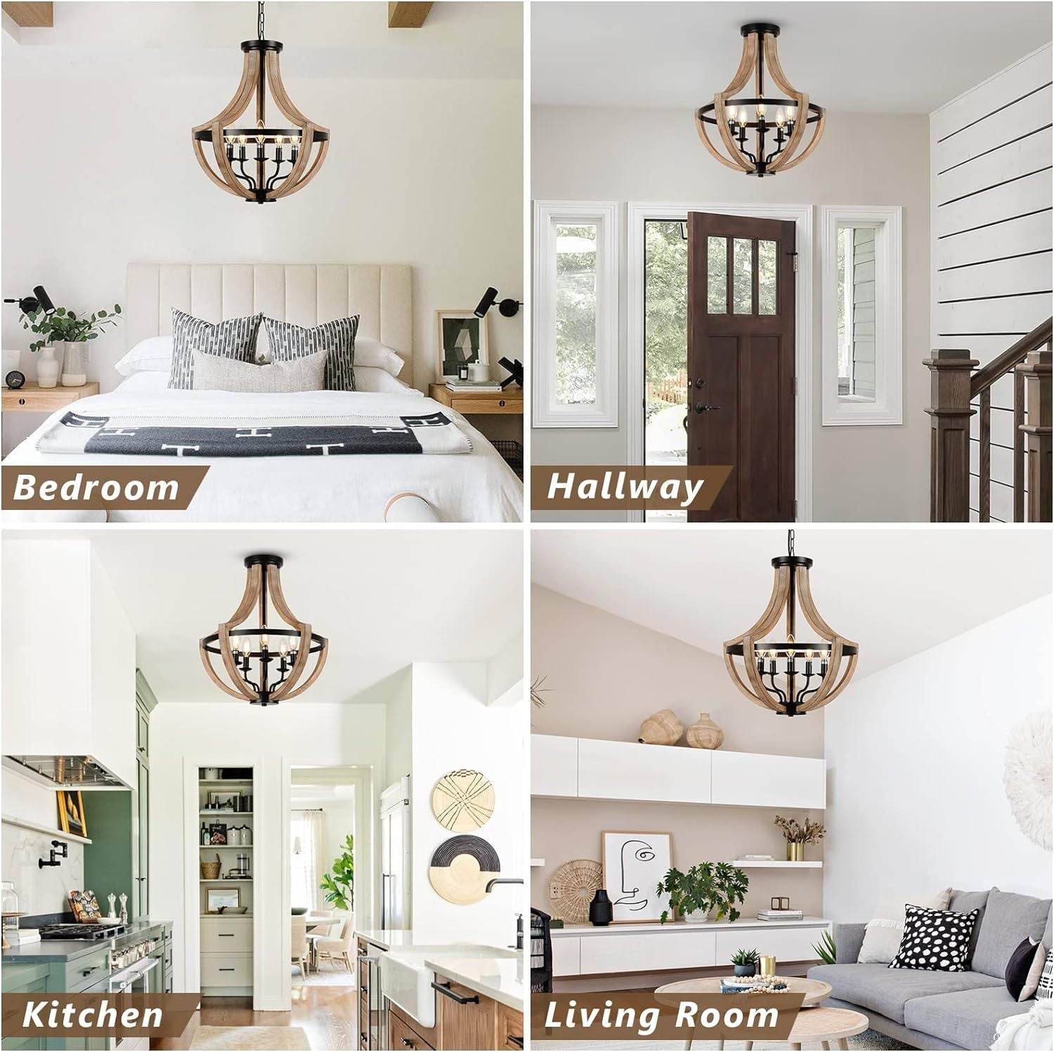 Solid Wood Modern Chandelier For Dining Room, Living Room, Kitchen, Island, Bedroom, Foyer, Height Adjustable, Brown - www.Shopthatapp.com