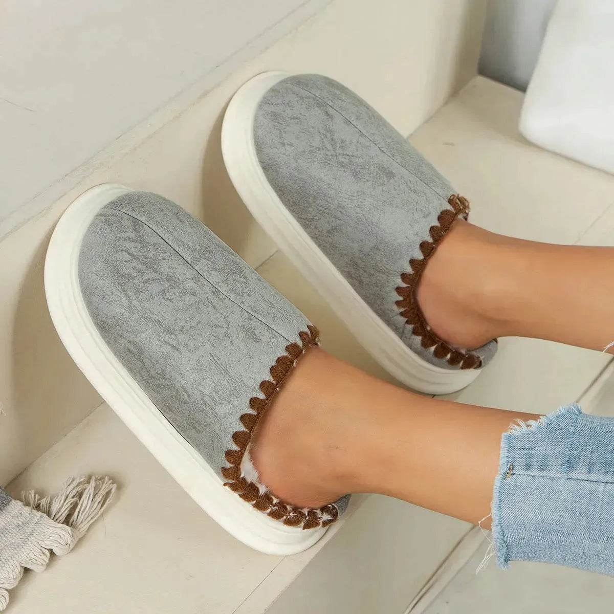 Winter Fashion Cotton Slippers With Sewing-side Design Indoor Non-slip Bedroom Floor Plush Slipper House Shoes Women Couple - www.Shopthatapp.com