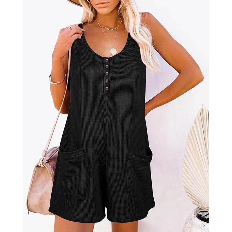Women's Button Front Romper Jumpsuit With Pockets Casual Solid Color Sleeveless Summer Jumpsuit - www.Shopthatapp.com