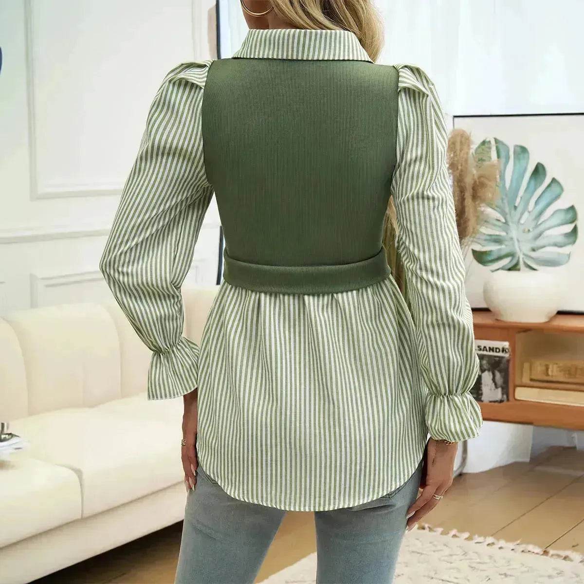 Women's Casual Contrast Color Stitching  Long Sleeve Collar Ladies Evening Top - www.Shopthatapp.com