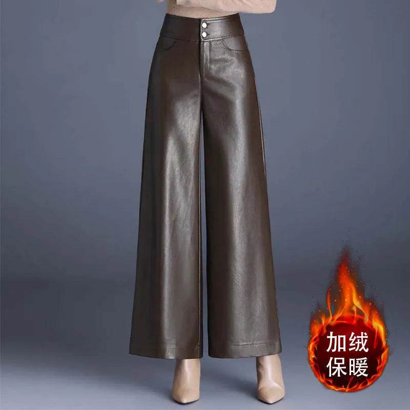 High Waist Thick Loose Big Leg Straight All-matching Wide Leg Leather trouser Pants For Women - www.Shopthatapp.com