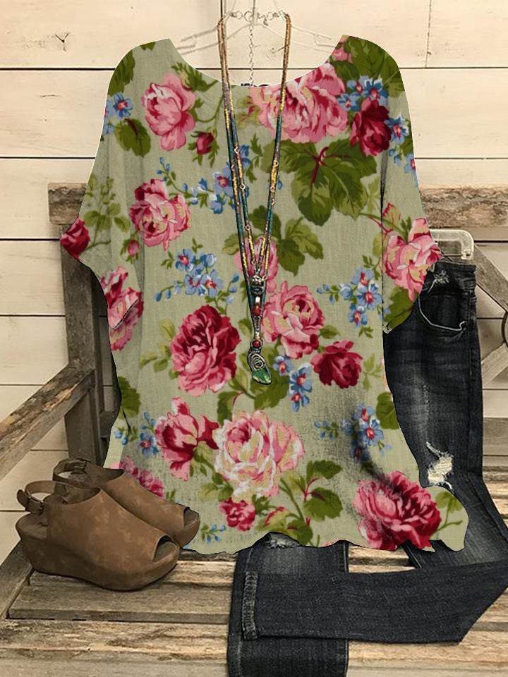 Summer Loose blouse Round Neck Short Sleeve Cotton And Linen Top For Women - www.Shopthatapp.com