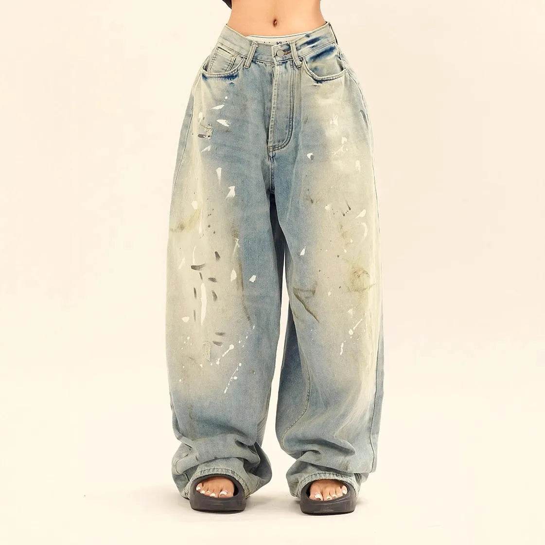 Washed Distressed Casual Loose Wide-leg Baggy Jeans Pant Splash-ink Design Slimming Unisex Style Mop Pants Men And Women - www.Shopthatapp.com