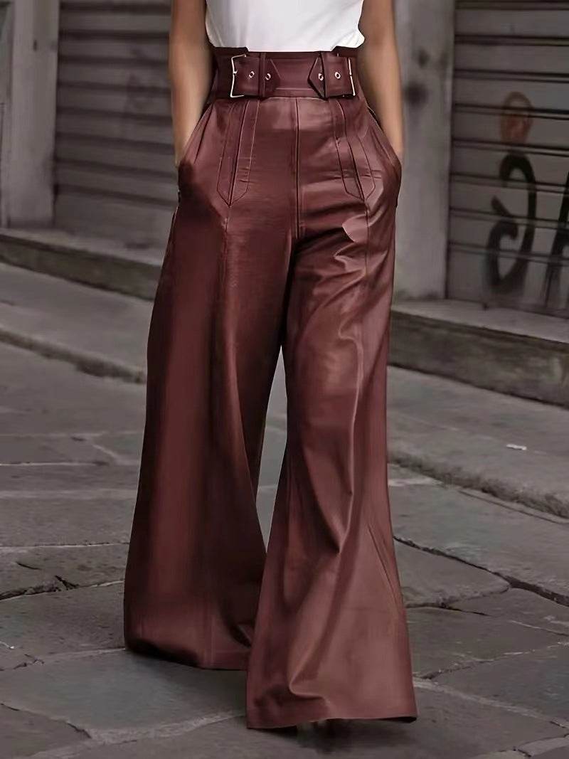 Fashion Leather High Waist Pocket Casual Trousers - www.Shopthatapp.com