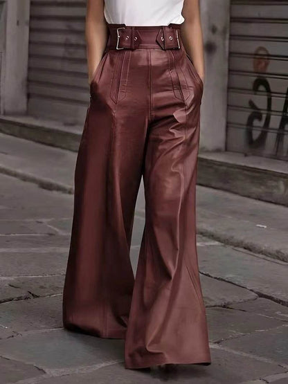 Fashion Leather High Waist Pocket Casual Trousers - www.Shopthatapp.com