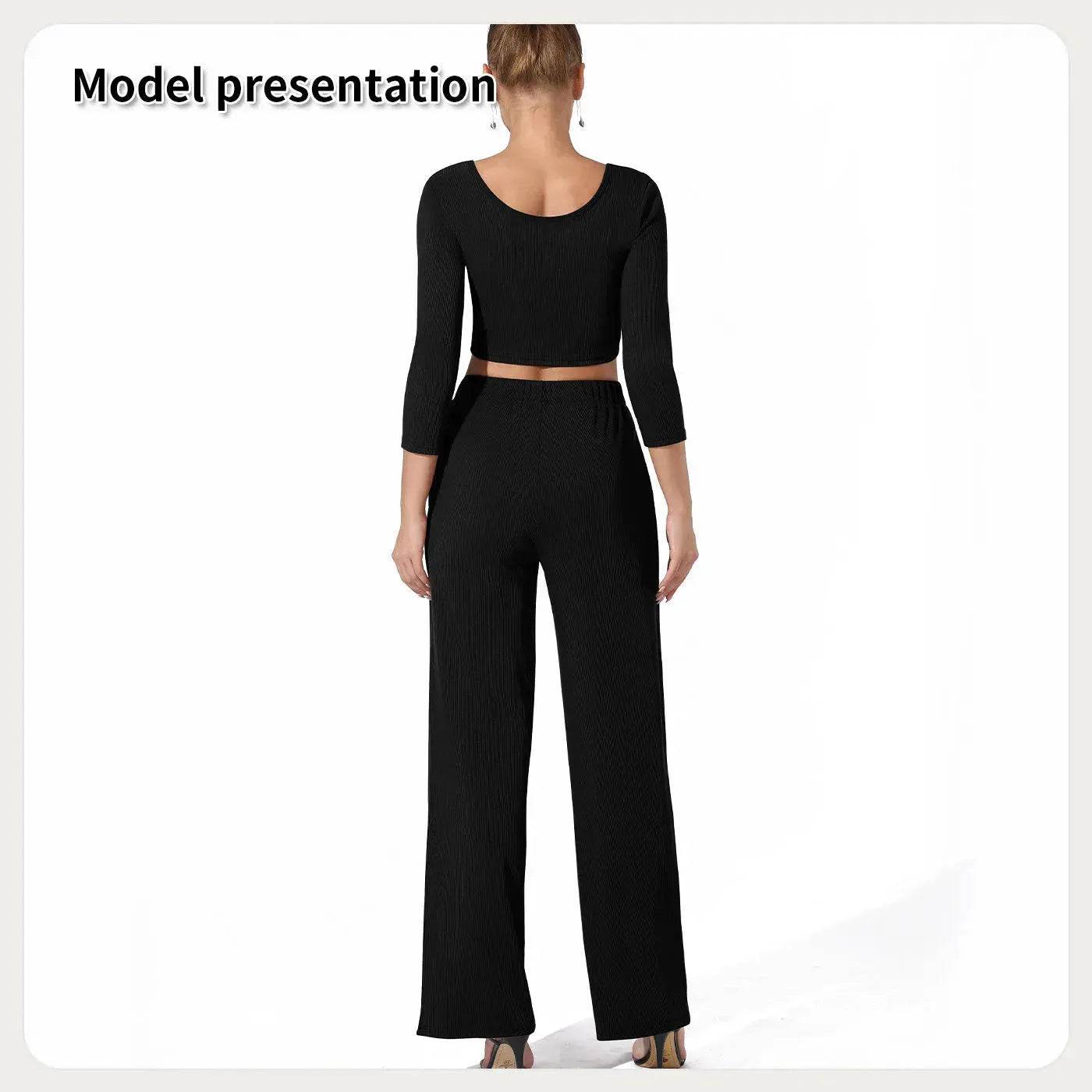 Women Fashion Casual Matching 2pcs set Long Sleeve Crop top and Pant set - www.Shopthatapp.com