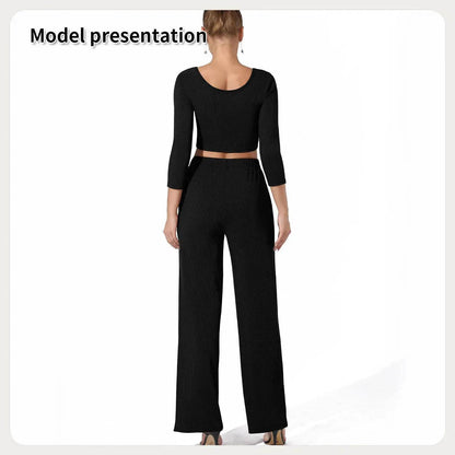 Women Fashion Casual Matching 2pcs set Long Sleeve Crop top and Pant set - www.Shopthatapp.com