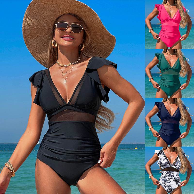 Fashion Ruffled Sleeve One-piece Swimsuit Summer Sexy V-neck Bikini Beach Womens Clothing - www.Shopthatapp.com