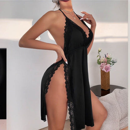 Black Lace Lingerie Set – Elegant Deep V-Neck Backless Slit Design - www.Shopthatapp.com