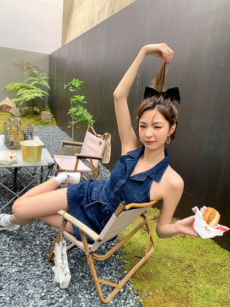 Mini Sleeveless Sheath Denim jeans halter neck Dress - www.Shopthatapp.com