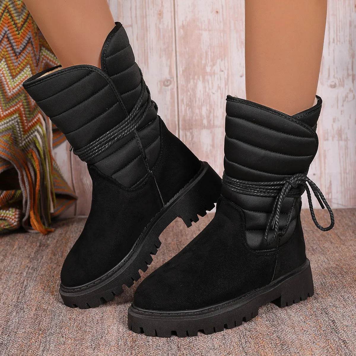 Fashion Mid-calf Snow Boots With Lace-up Design Winter Warm Thickened Low-heeled Boot Women's Casual Shoes Outdoor - www.Shopthatapp.com
