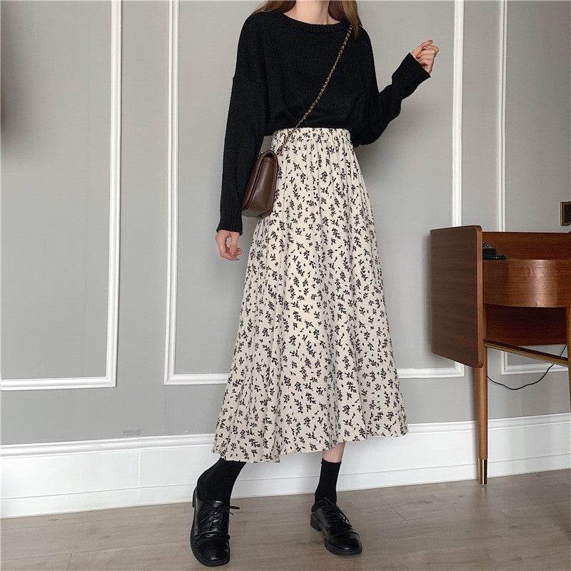 Casual Floral New Fresh High Waist Slimming Korean-style Midi A- Line Skirt - www.Shopthatapp.com
