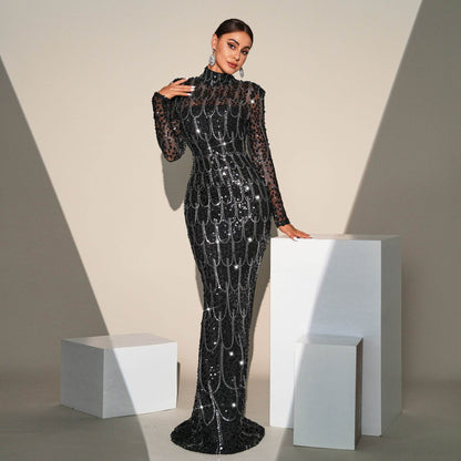 Long Sleeve Slim-fit Sequined Banquet Evening Dress - www.Shopthatapp.com