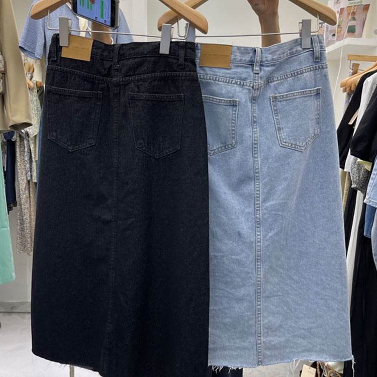 Casual Front Slit Dark Blue and Light Blue Denim Midi Skirt for women - www.Shopthatapp.com