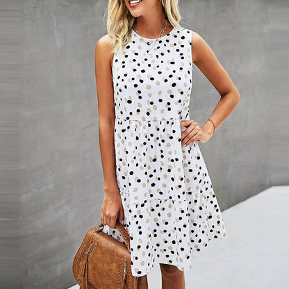 Women Summer Dot Print Sleeveless Loose Swing T-Shirt Dress With Pocket Casual Tank Mini Dresses Sundress - www.Shopthatapp.com