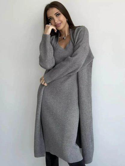 Women 2pcs Winter outfit set  Long dress Cashmere Long Cardigan Jacket - www.Shopthatapp.com