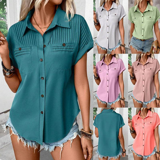 Lapel Shoulder Pleated Pocket Short Sleeve Top Shirt T-shirt Women - www.Shopthatapp.com