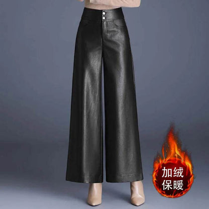 High Waist Thick Loose Big Leg Straight All-matching Wide Leg Leather trouser Pants For Women - www.Shopthatapp.com