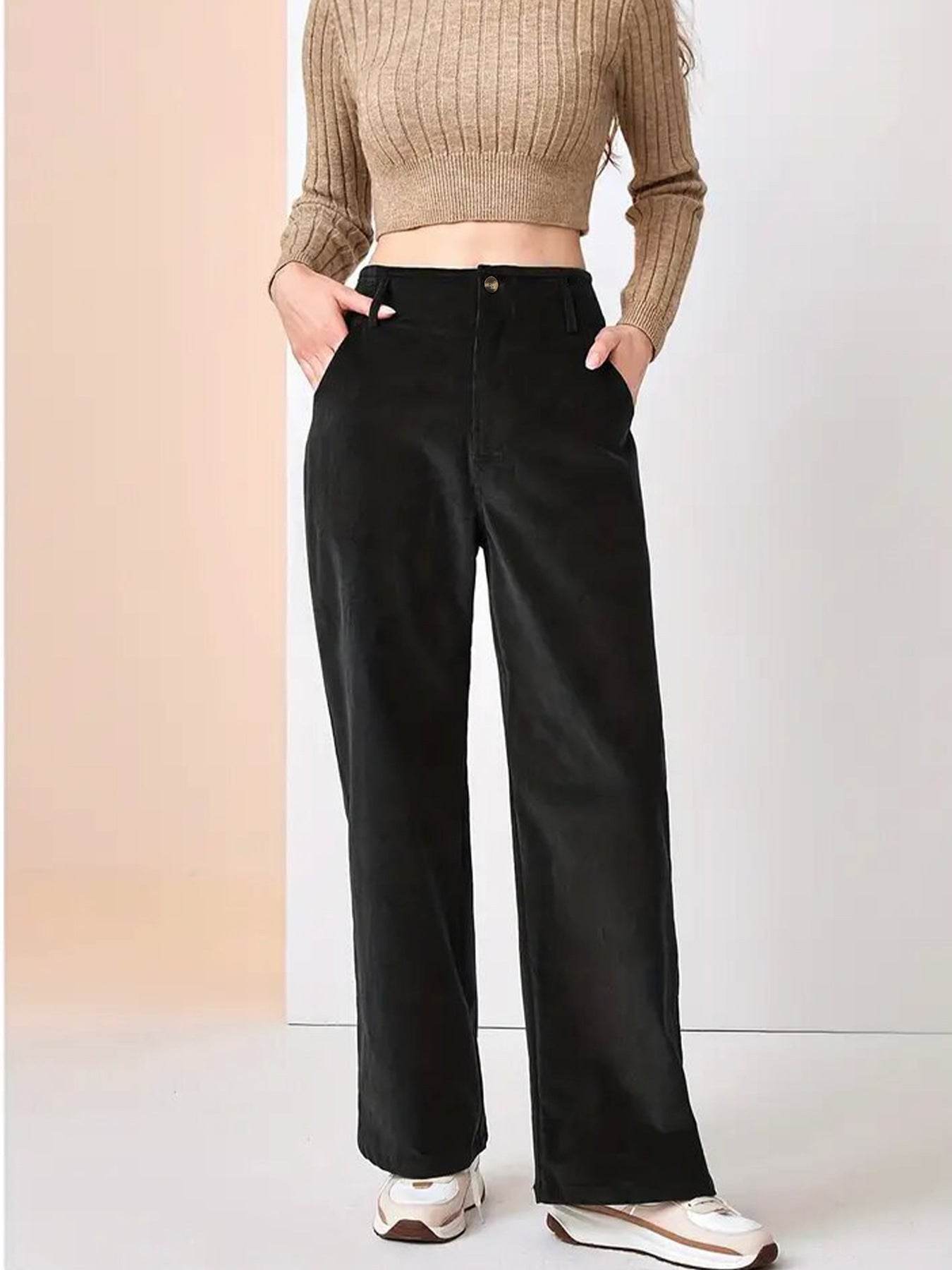 High Waist Drooping Slimming Casual Straight Pants Women's Corduroy Trousers - www.Shopthatapp.com