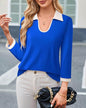 Casual Color Matching Lapel Long Sleeve Blouse Top Women - www.Shopthatapp.com