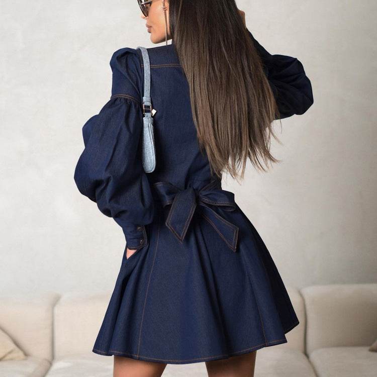 Classy Fashion Lantern Sleeve Button down Denim Shirt flared Mini Dress - www.Shopthatapp.com