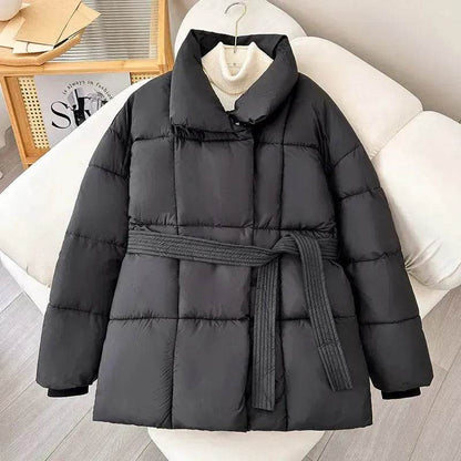 Winter Plaid Sewing Lapel Coat With Lace-up Design Fashion Loose Solid Thick Jacket Outerwear Women's Clothing - www.Shopthatapp.com